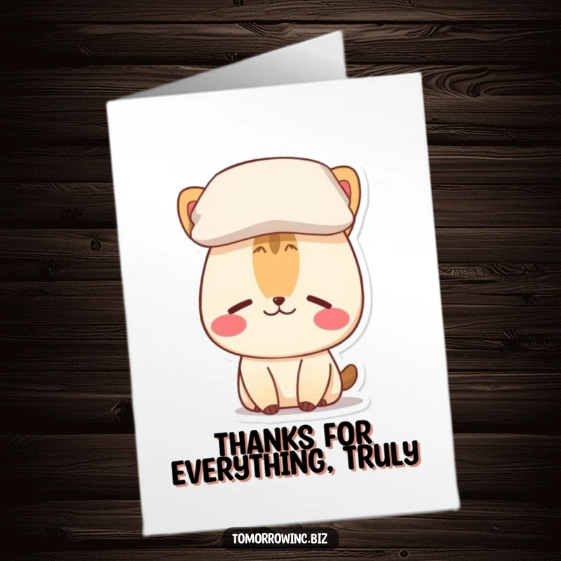 Funny free printable thank you card: confused animal balancing a pillow on its head, humorous expression, card