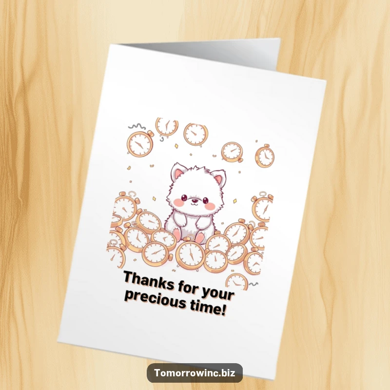 Funny Free Printable Fuzzy Animal Thank You Card: Cute, fuzzy animal with a blank stare sitting among scattered clocks.