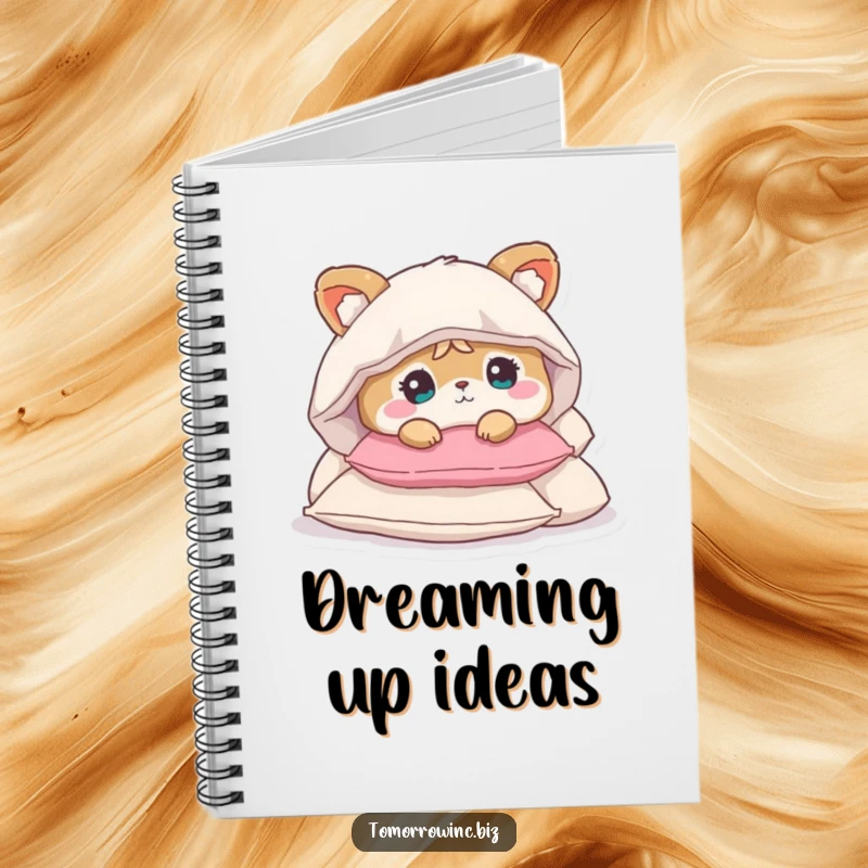 Funny notebook with a cute animal character looking bewildered, buried under a pile of pillows, ready for your notes.
