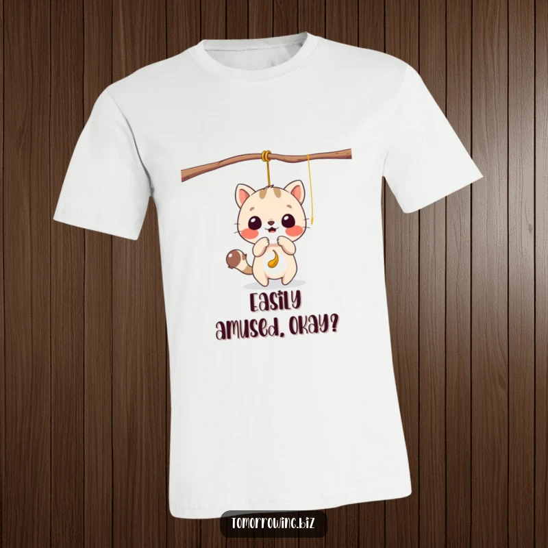 Funny t-shirt depicting a cute animal intensely focused on playfully batting at a tempting, dangling string.