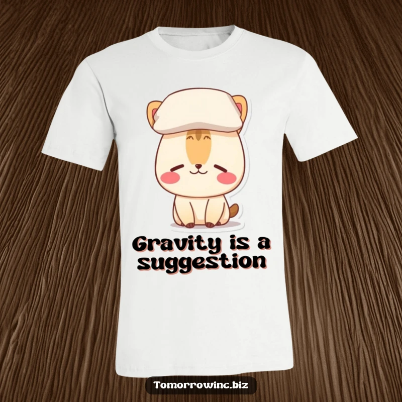 Funny t-shirt print of a cheerful but confused animal character with a pillow perfectly balanced on its head.