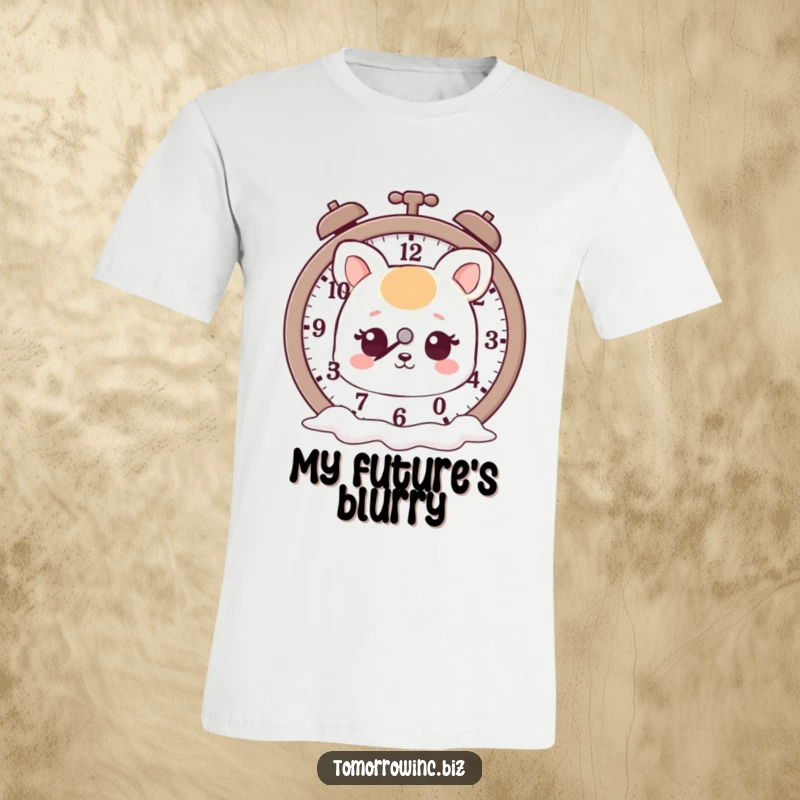 Funny t-shirt featuring a cute animal with a dreamy expression, staring intently at a clock with dripping, melting hands.