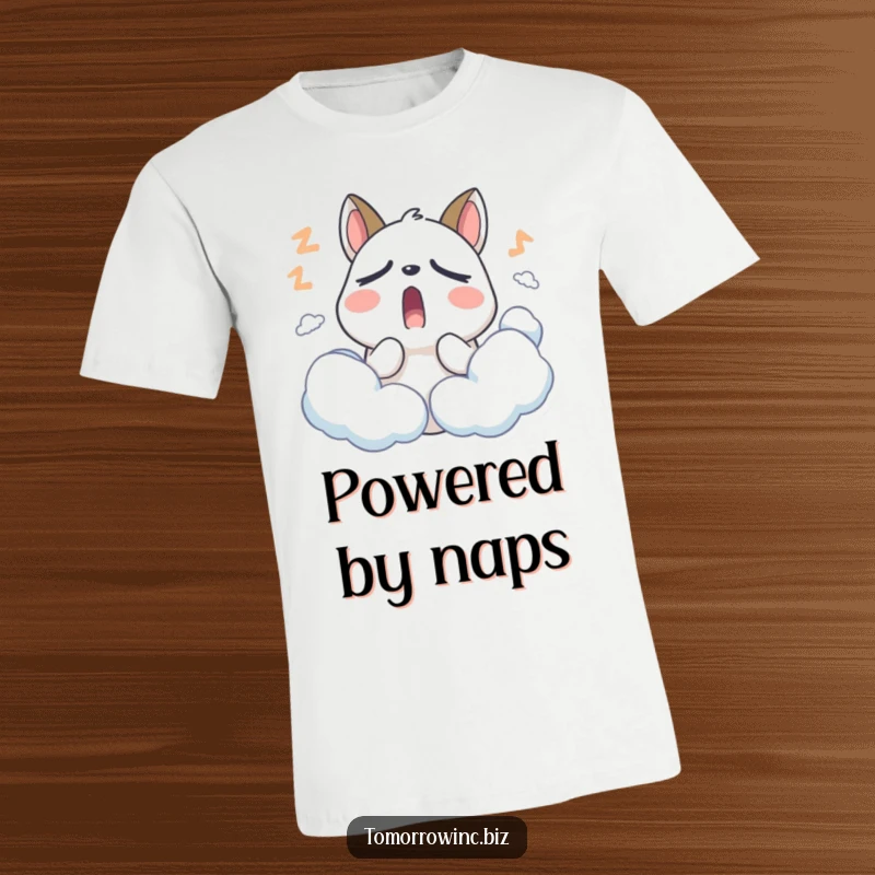 Funny Sleepy Animal T-Shirt: A stylized animal with droopy eyelids yawns widely amidst soft, sleepy clouds, embodying rest.