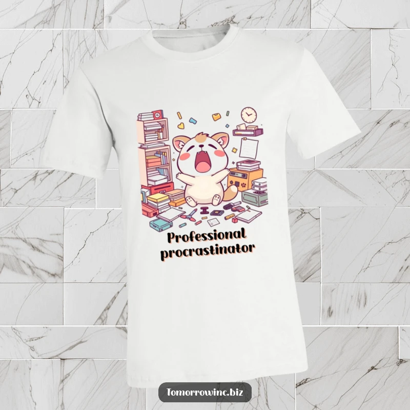 Funny t-shirt depicting a happy animal yawning widely, surrounded by a chaotic mess of scattered, unfinished tasks.