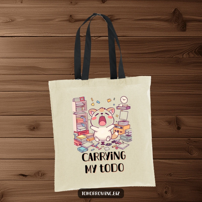 Funny tote bag with a happy animal character yawning widely, surrounded by scattered, unfinished tasks, symbolizing being busy.