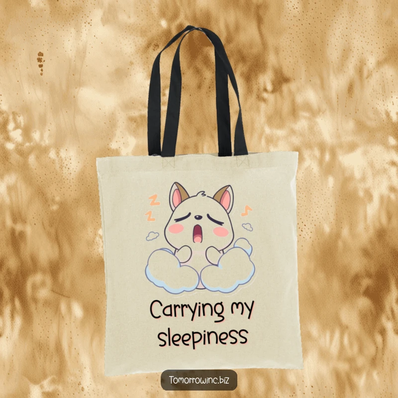 Funny Sleepy Animal Tote Bag: A stylized animal with droopy eyelids yawns widely among soft, sleepy clouds, symbolizing rest.