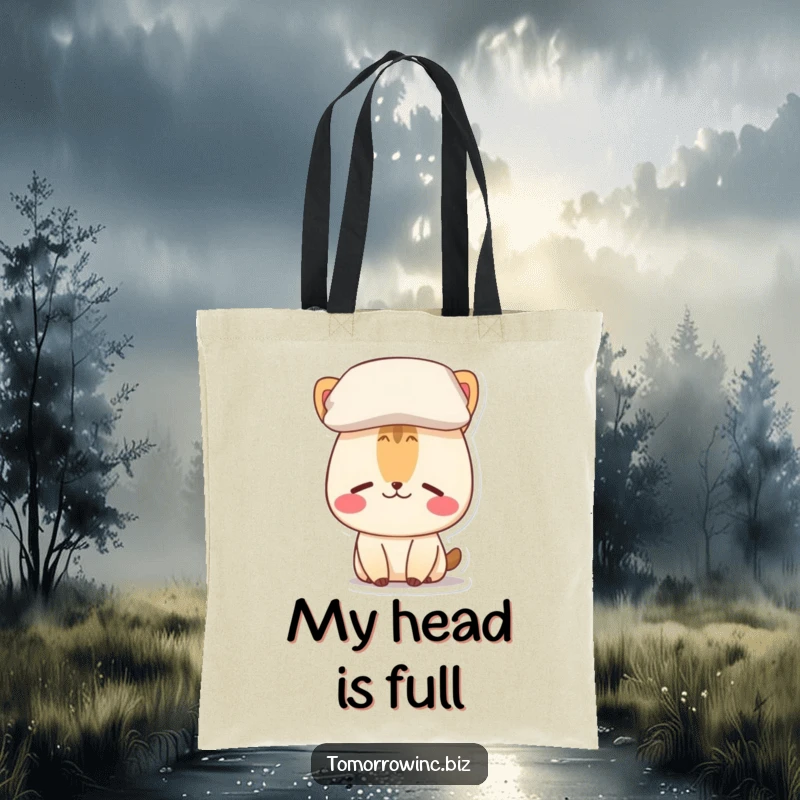 Funny tote bag print of a perplexed animal character with a pillow balancing on its head, ready for adventure.